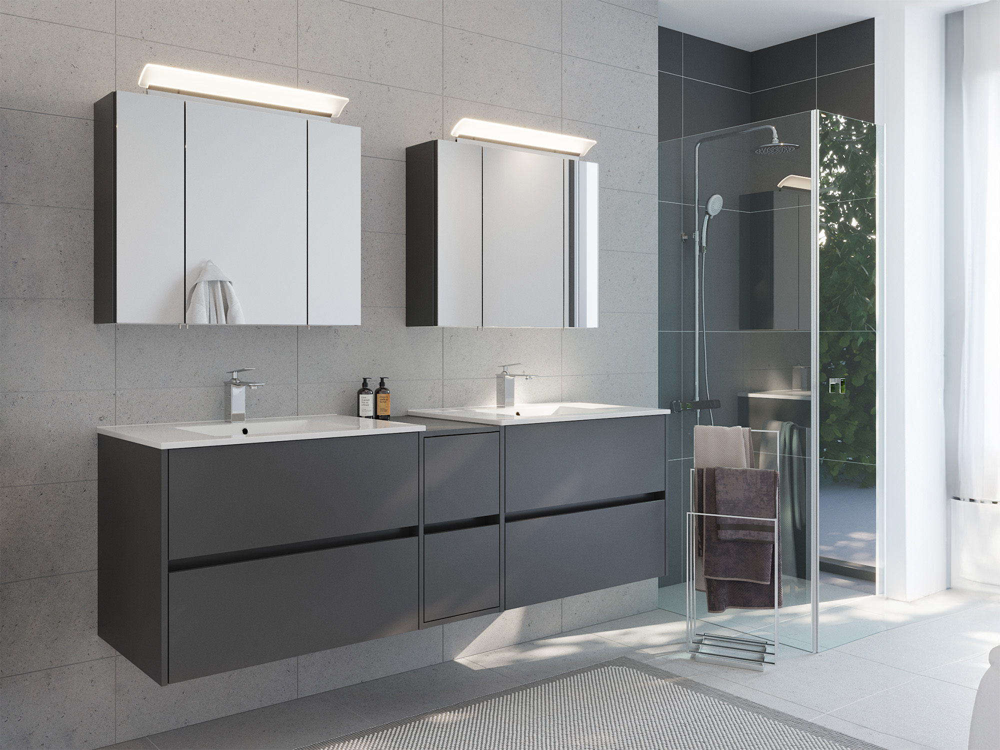 Badmöbelset Taifun 190cm 3tlg mit 2x Spiegelschrank grafit