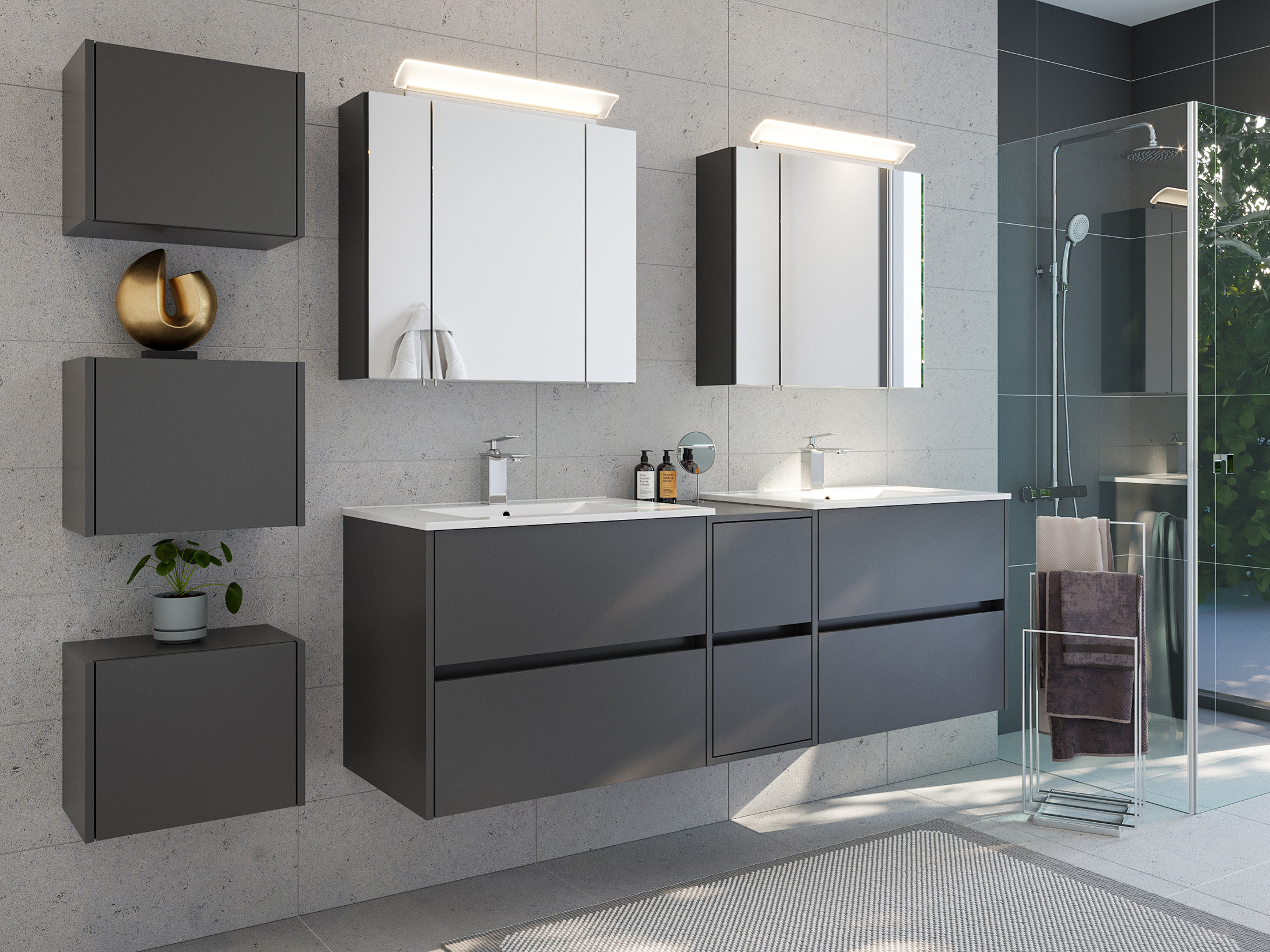Badmöbelset Taifun 170cm 4tlg mit 2x Spiegelschrank & 3er Boxen Set grafit