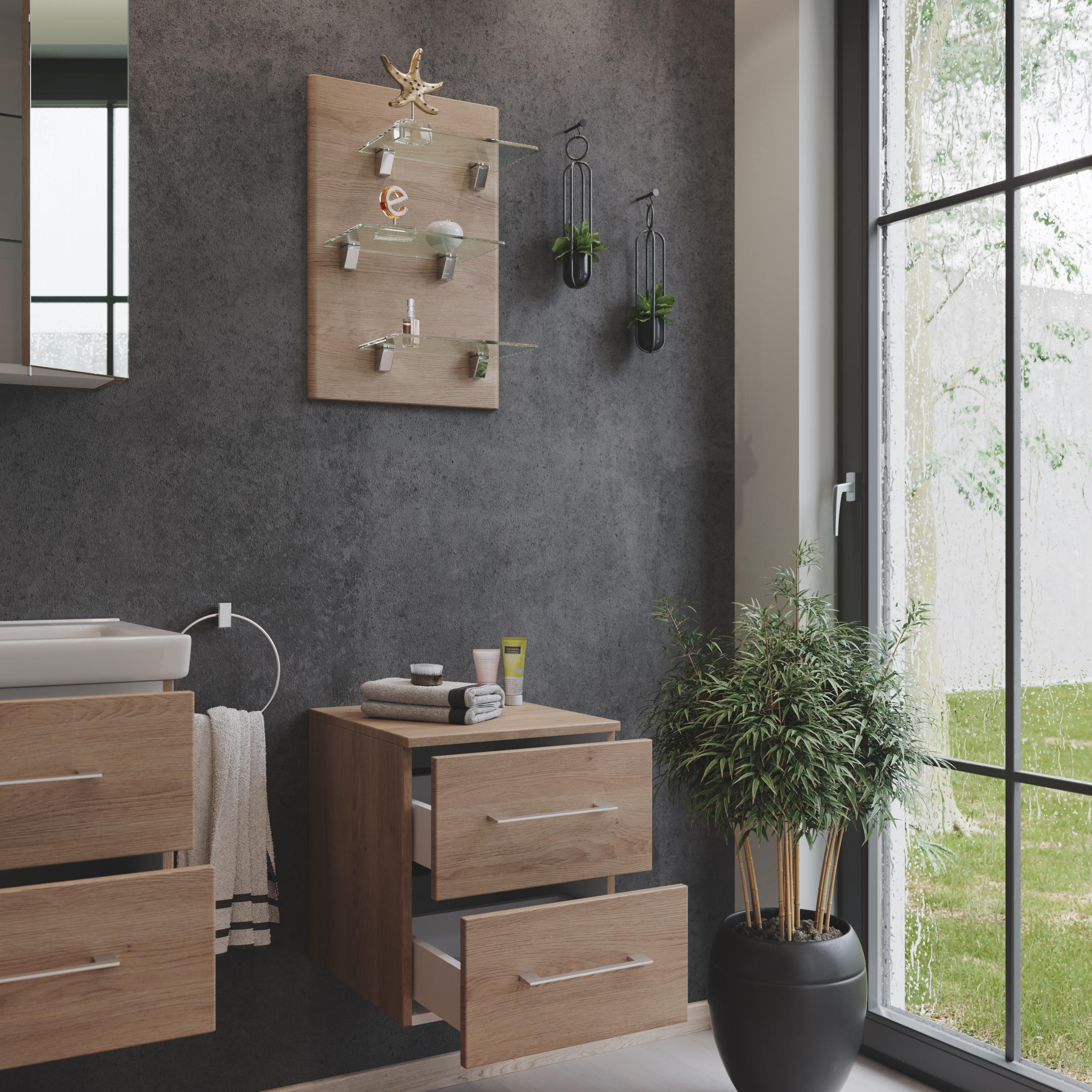 Kombi: Seitenschrank Cube, Regal-Panel 3 Glasböden eiche hell