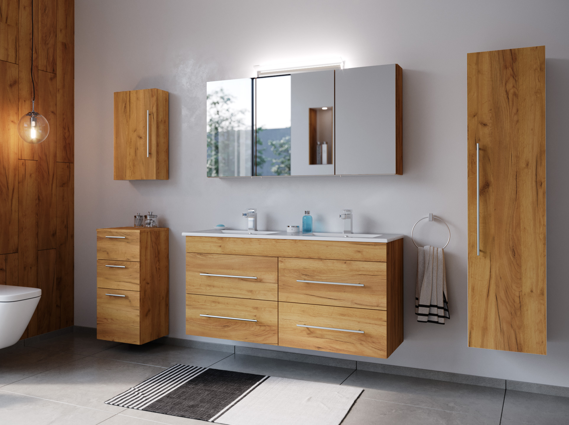 Badmöbelset Helios 5-teilig Spiegelschrank Hoch- Seiten- Midischrank eiche gold