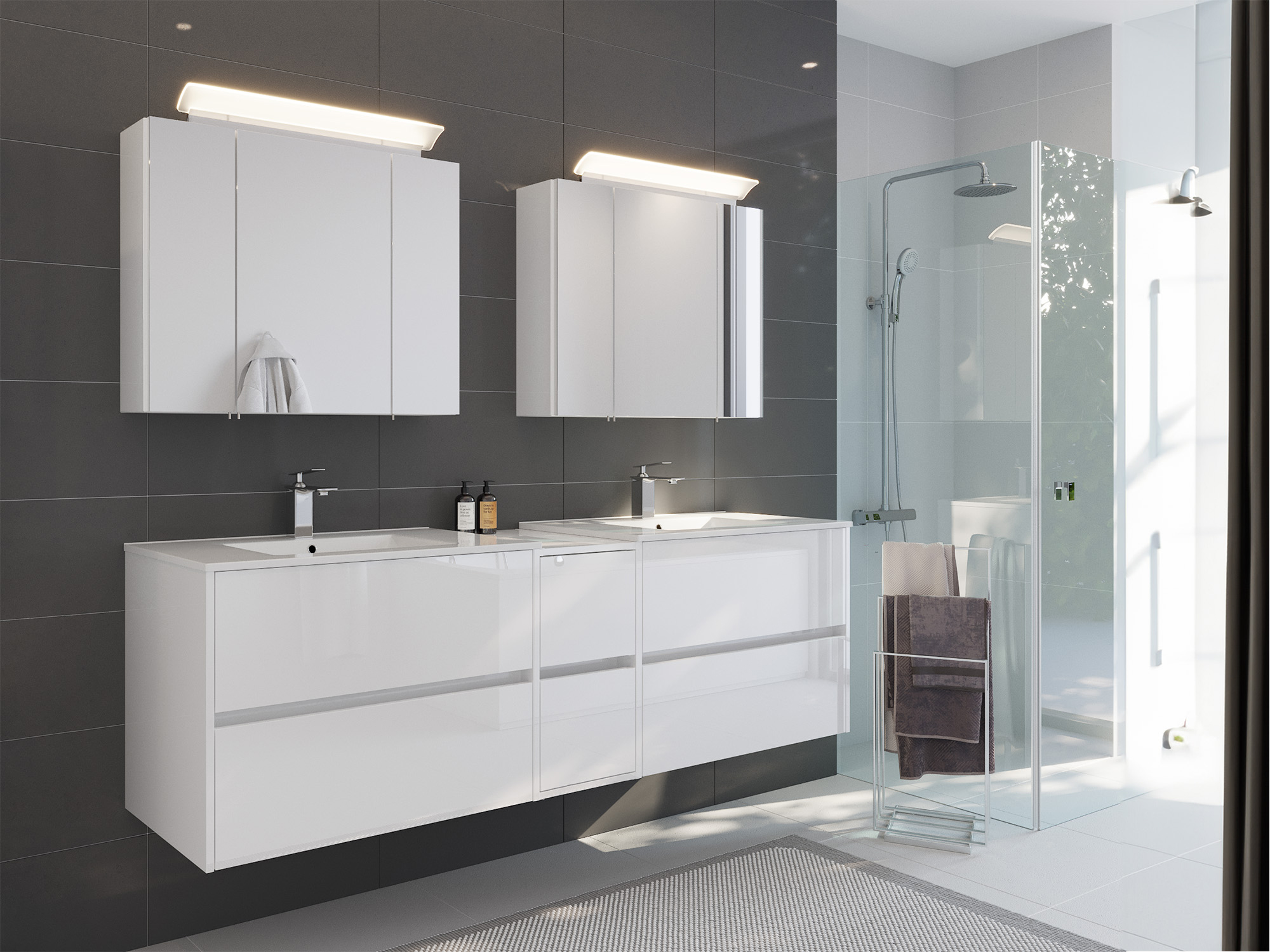 Badmöbelset Taifun 190cm 3tlg mit 2x Spiegelschrank weiß Hgl