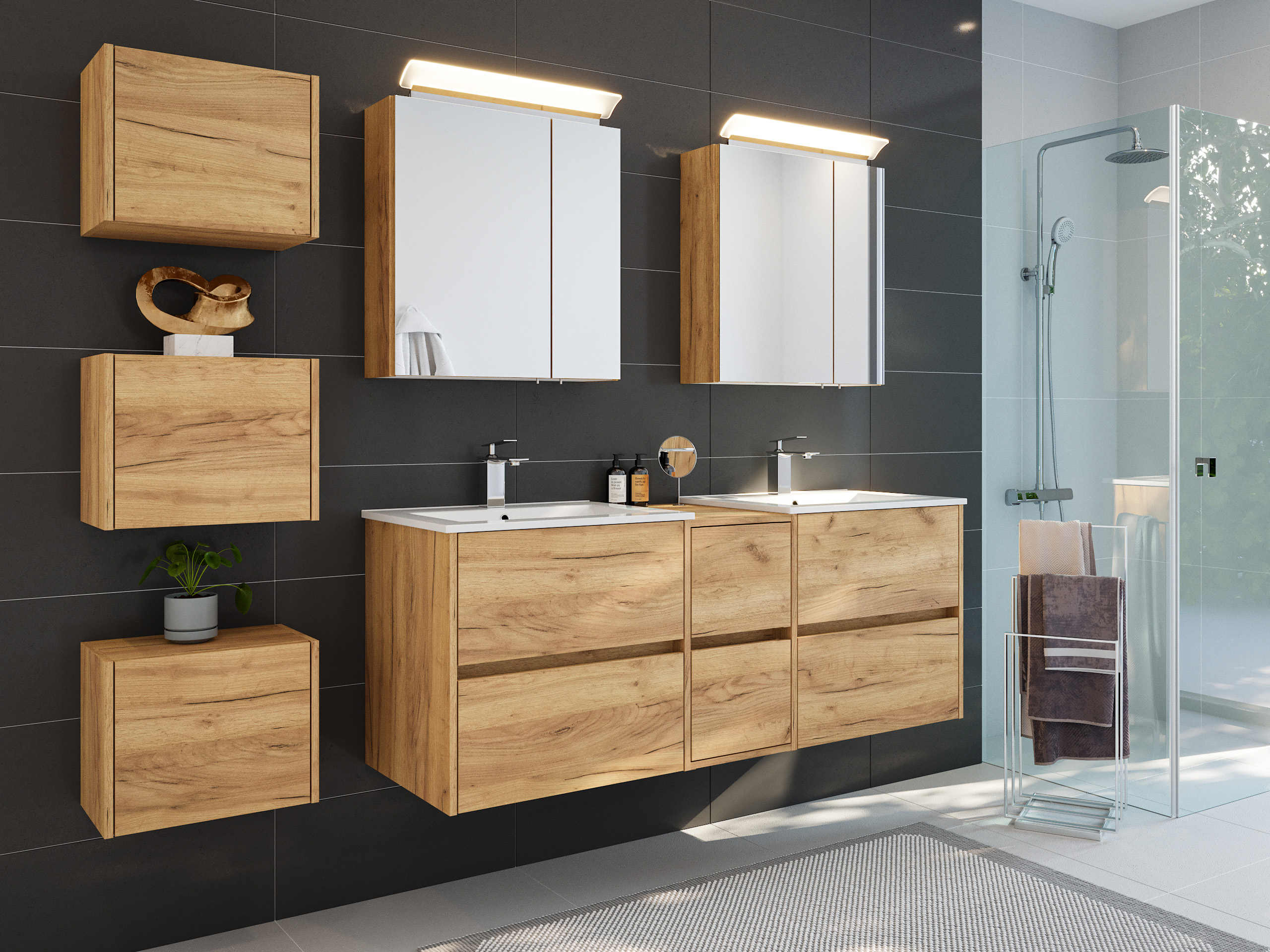Badmöbelset Taifun 150cm 4tlg mit 2x Spiegelschrank & 3er Boxen Set eiche gold