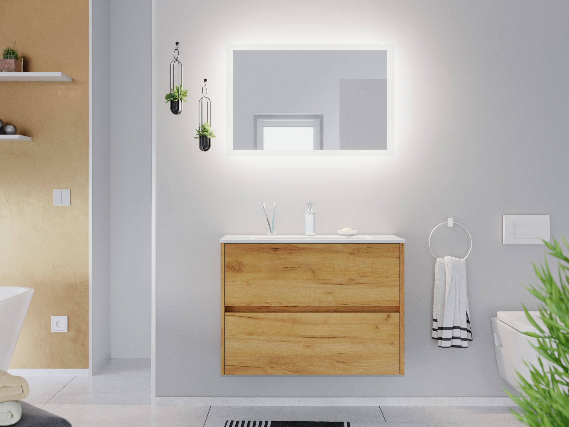 Badmöbel Set Taifun Slimline 80cm & LED Spiegel eiche gold