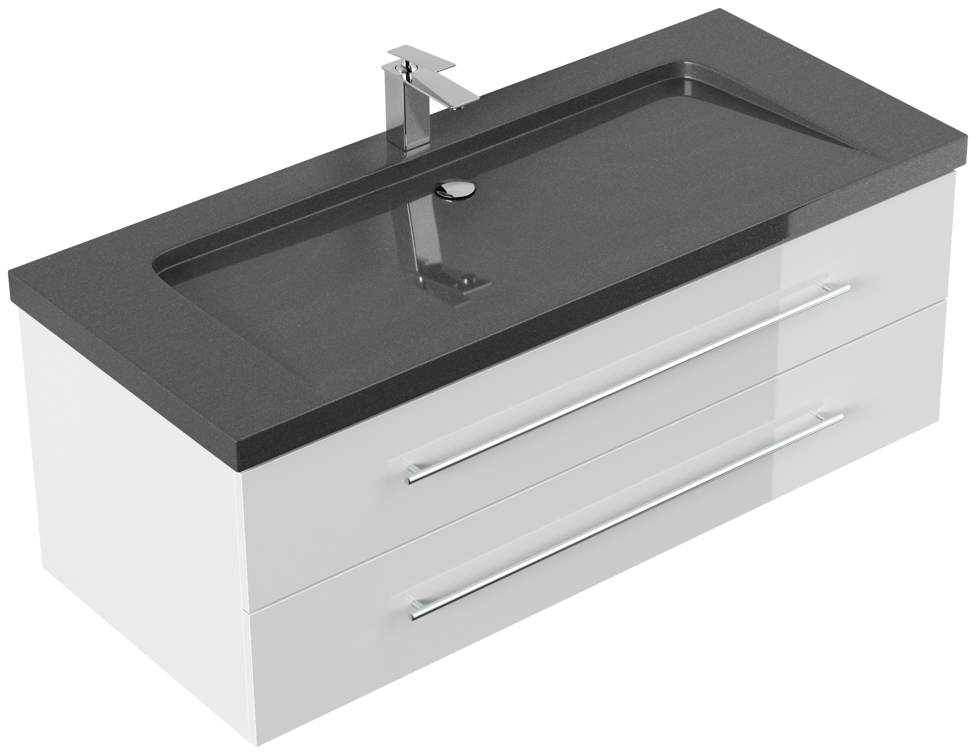Badmöbel Granit India Black Damo 130 cm 1 Hahnloch SoftClose weiß hochglanz