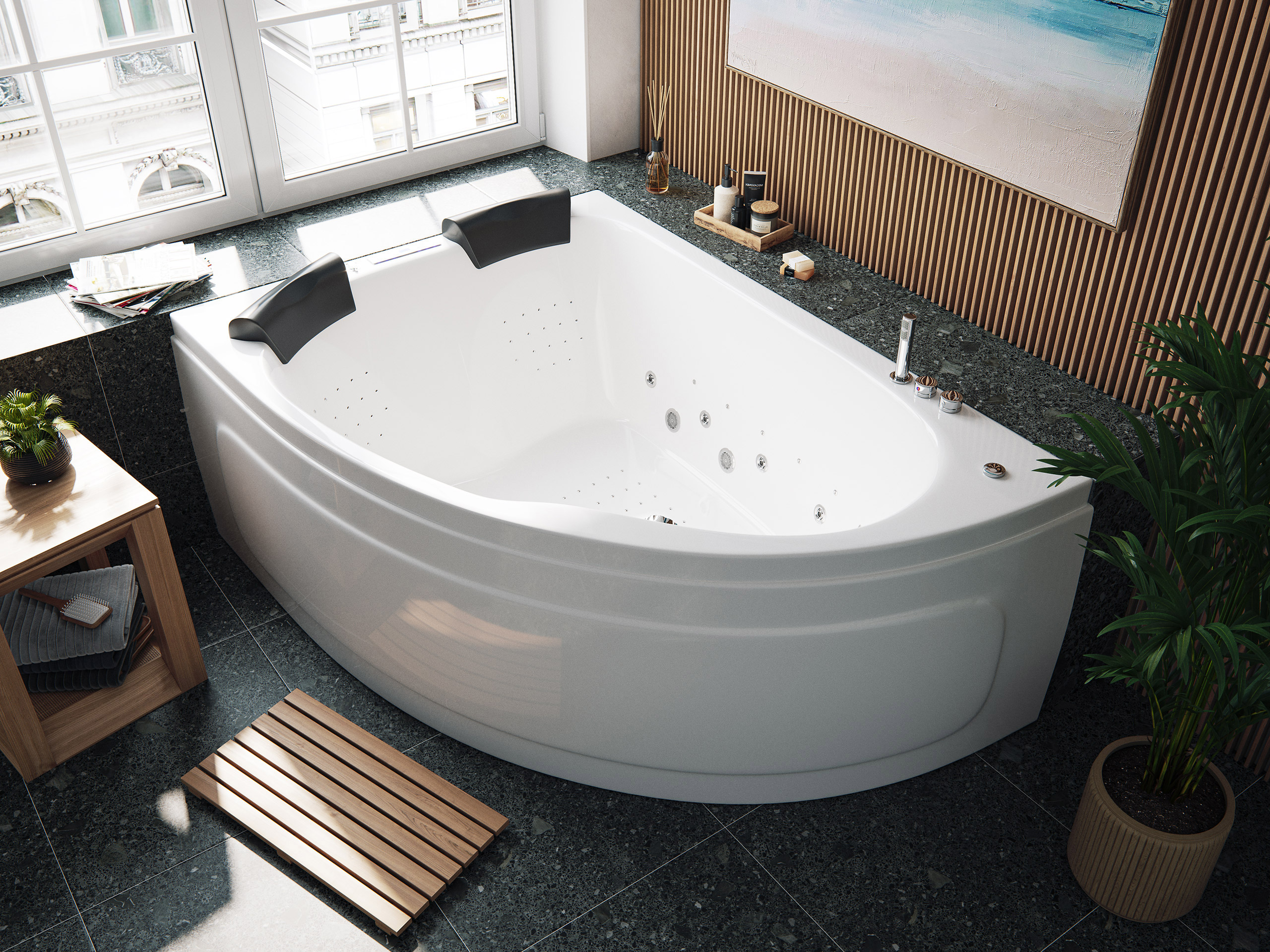 Whirlpool Royal XL Ultra 180cm links Made in Germany 89 Düsen & LED mit Armatur