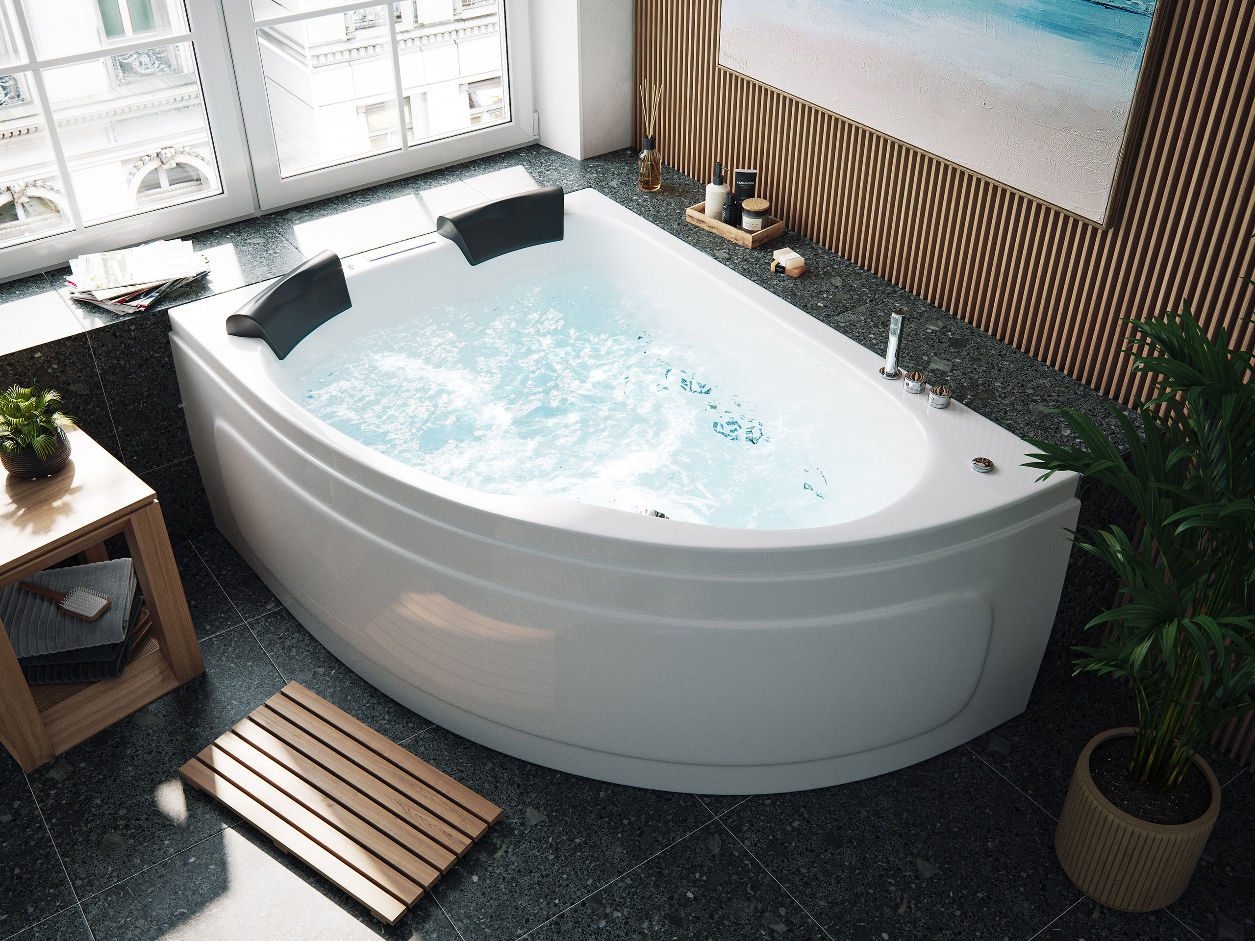 Whirlpool Royal XL Ultra 180cm links Made in Germany 89 Düsen & LED mit Armatur