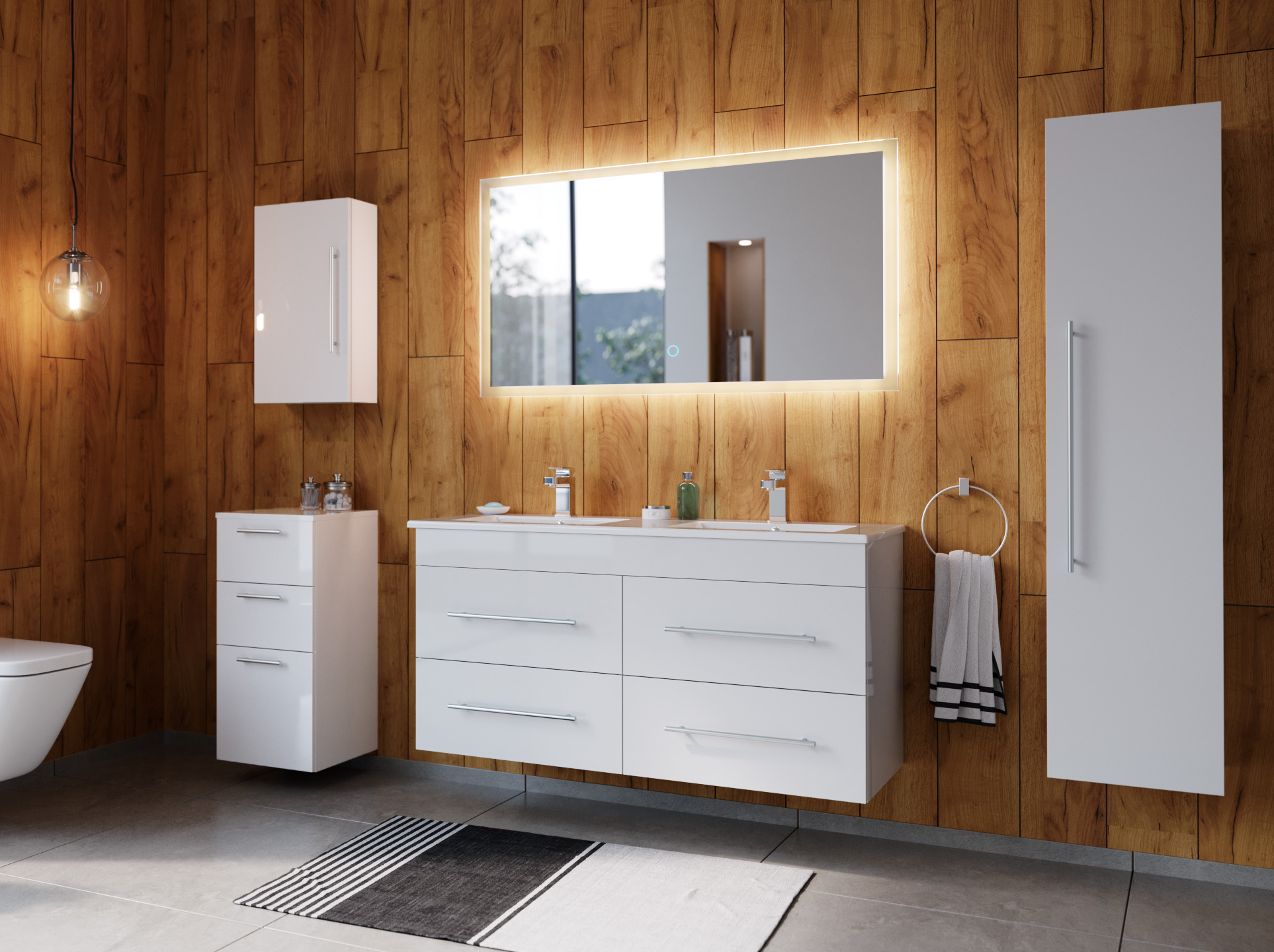 Badmöbelset Helios 5-teilig LED Spiegel Hoch- Seiten- Midischrank weiss hgl