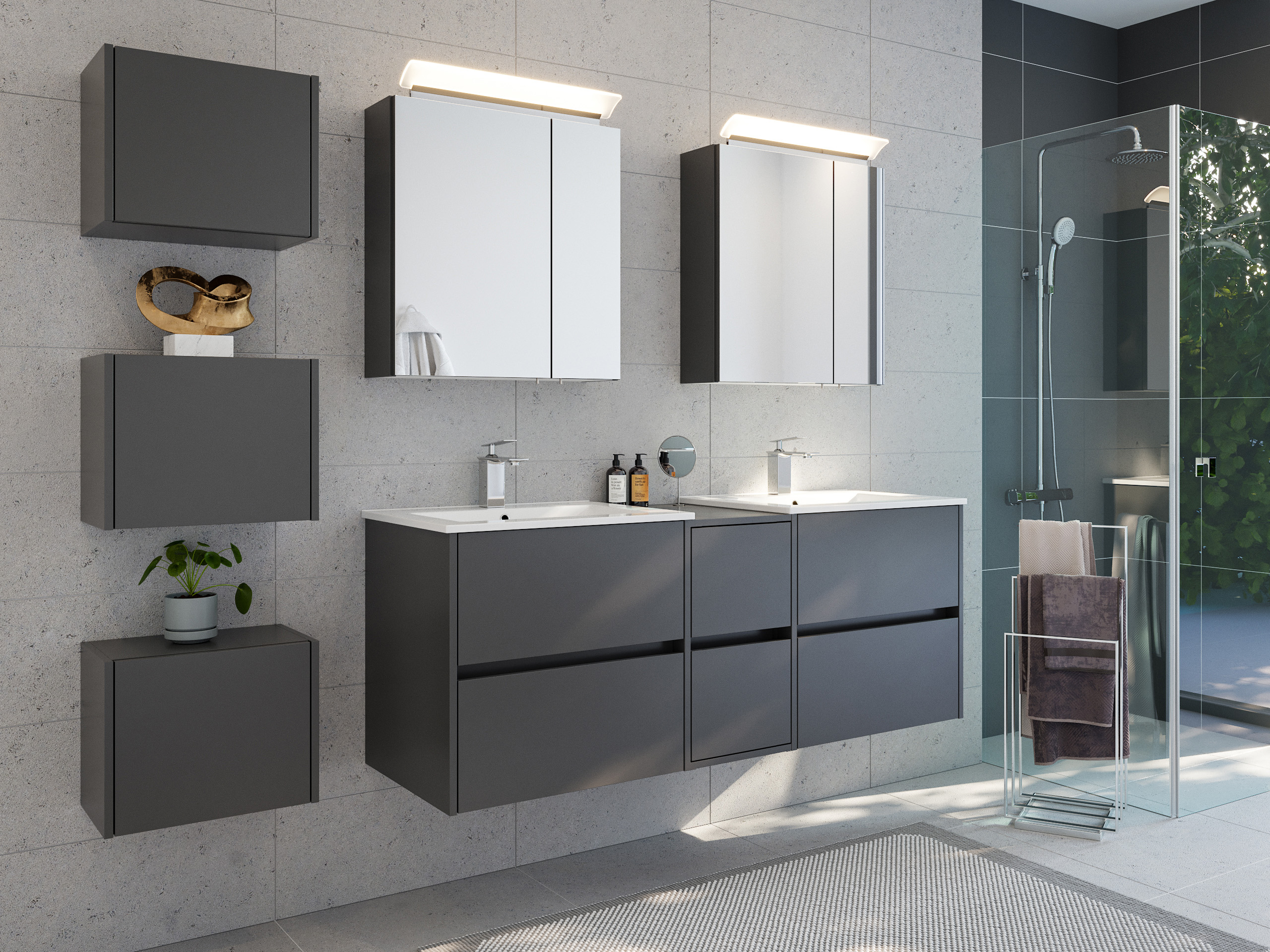 Badmöbelset Taifun 150cm 4tlg mit 2x Spiegelschrank & 3er Boxen Set grafit