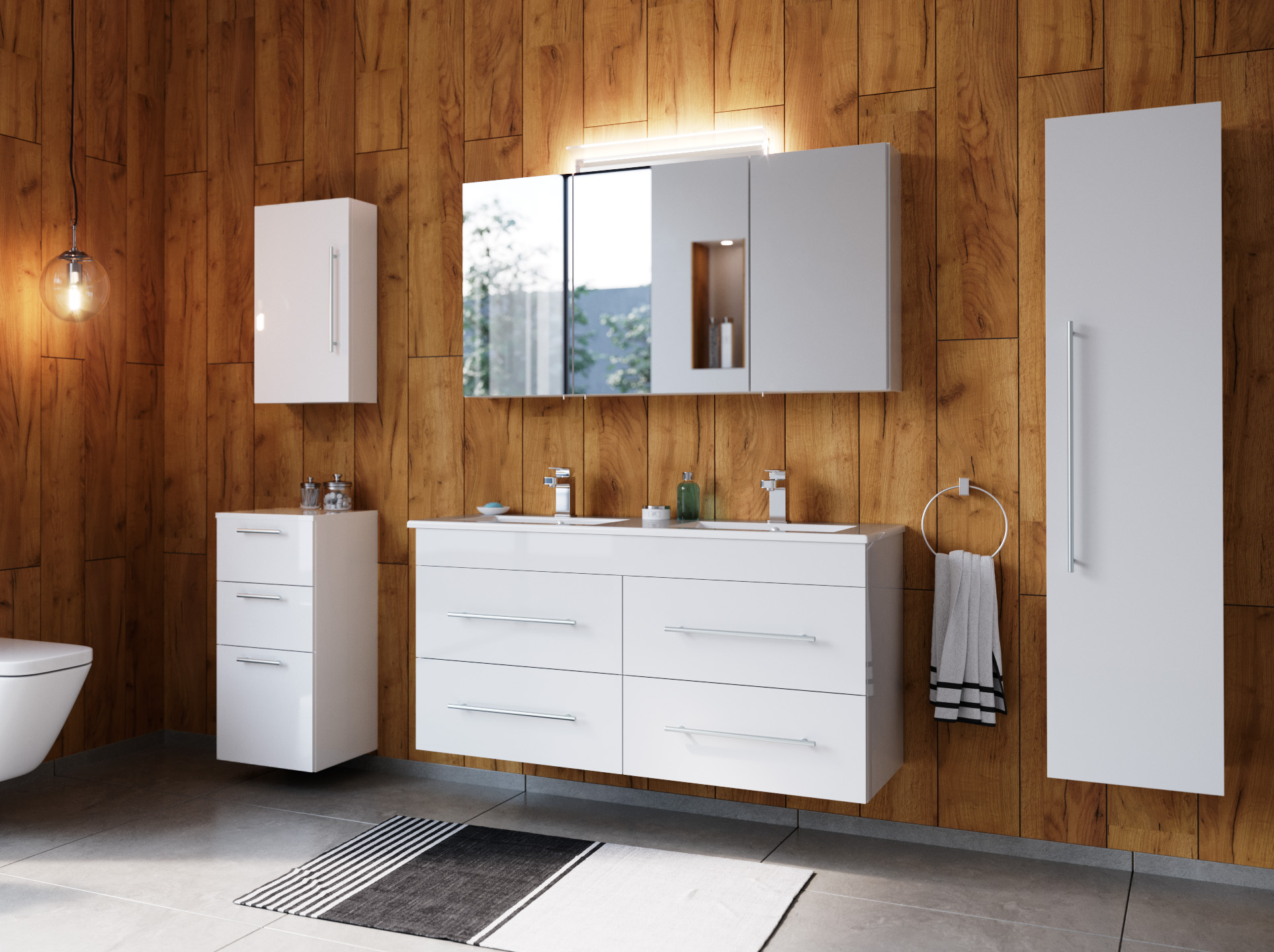 Badmöbelset Helios 5-teilig Spiegelschrank Hoch- Seiten- Midischrank eiche gold