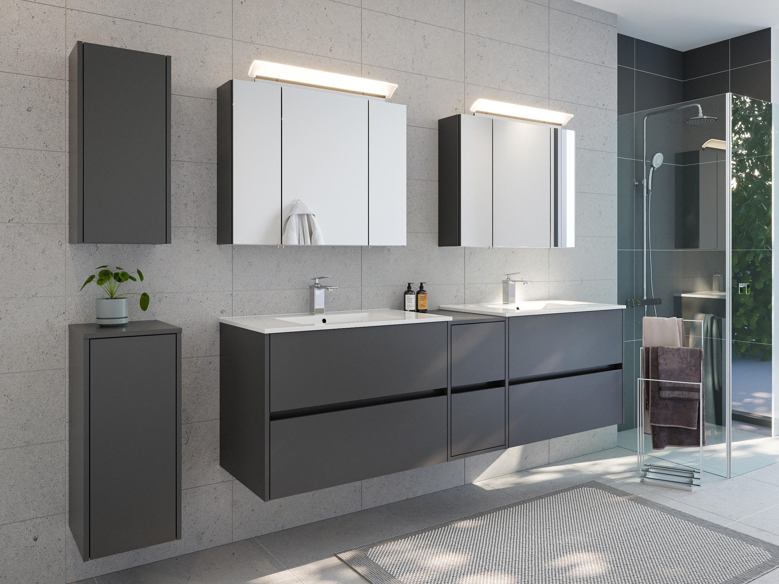 Badmöbelset Taifun 190cm 5tlg mit 2x Spiegelschrank & 2x Badschrank grafit