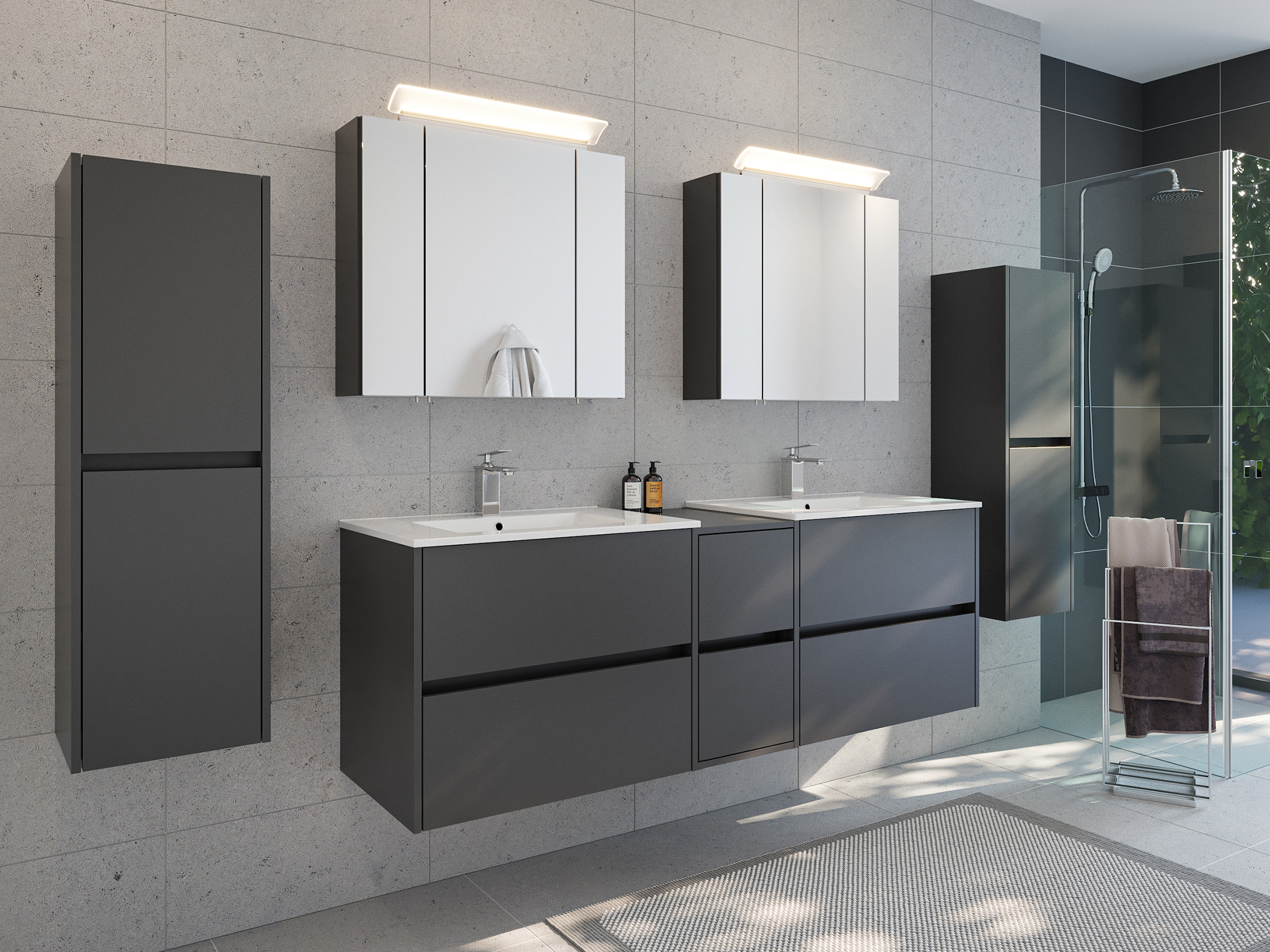 Badmöbelset Taifun 170cm 5tlg mit 2x Spiegelschrank & 2x Seitenschrank grafit