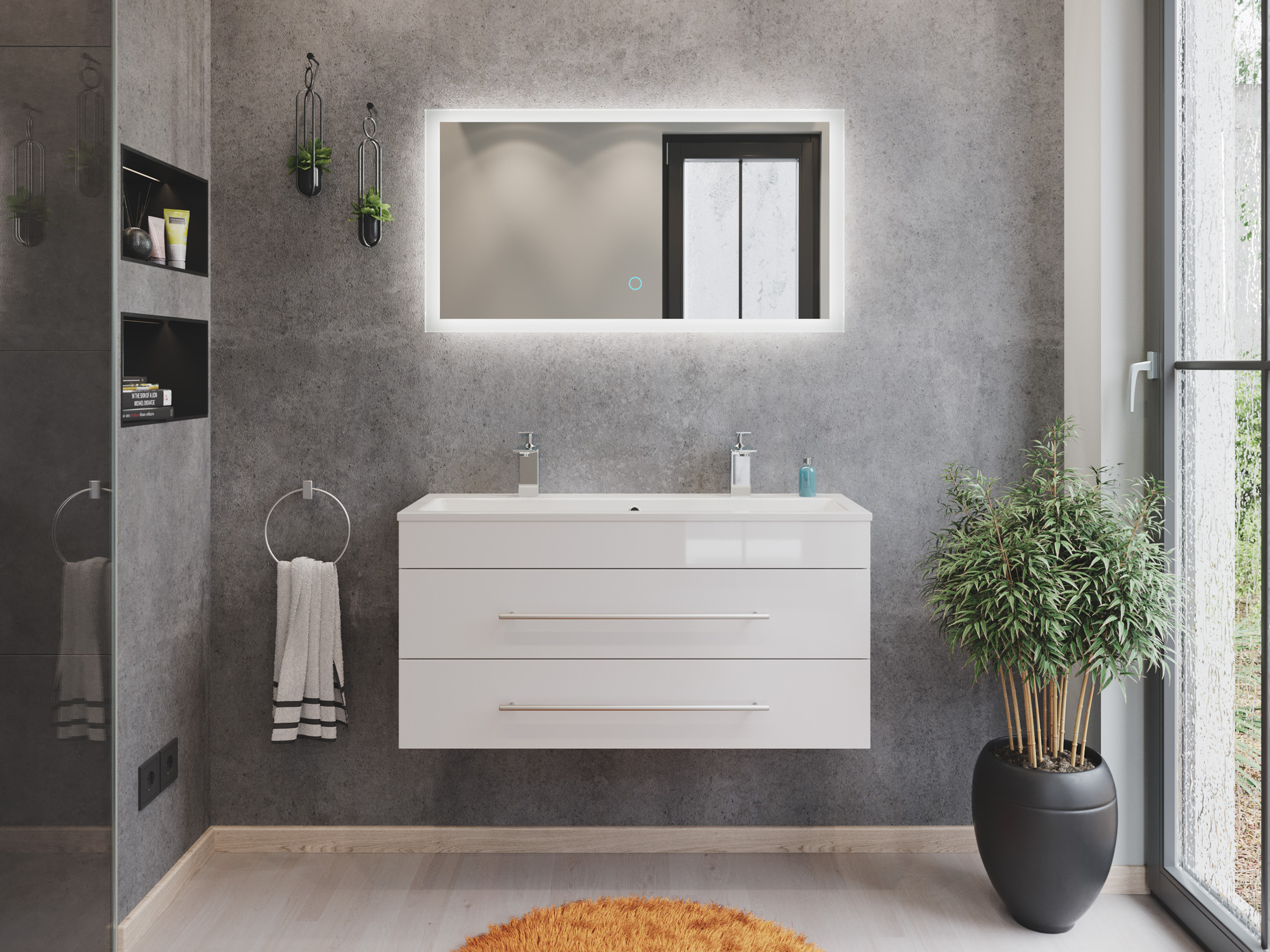 Badmöbel Mars 1000 2 Hahnlöcher 2-teilig LED Spiegel SlimLine weiss hochglanz