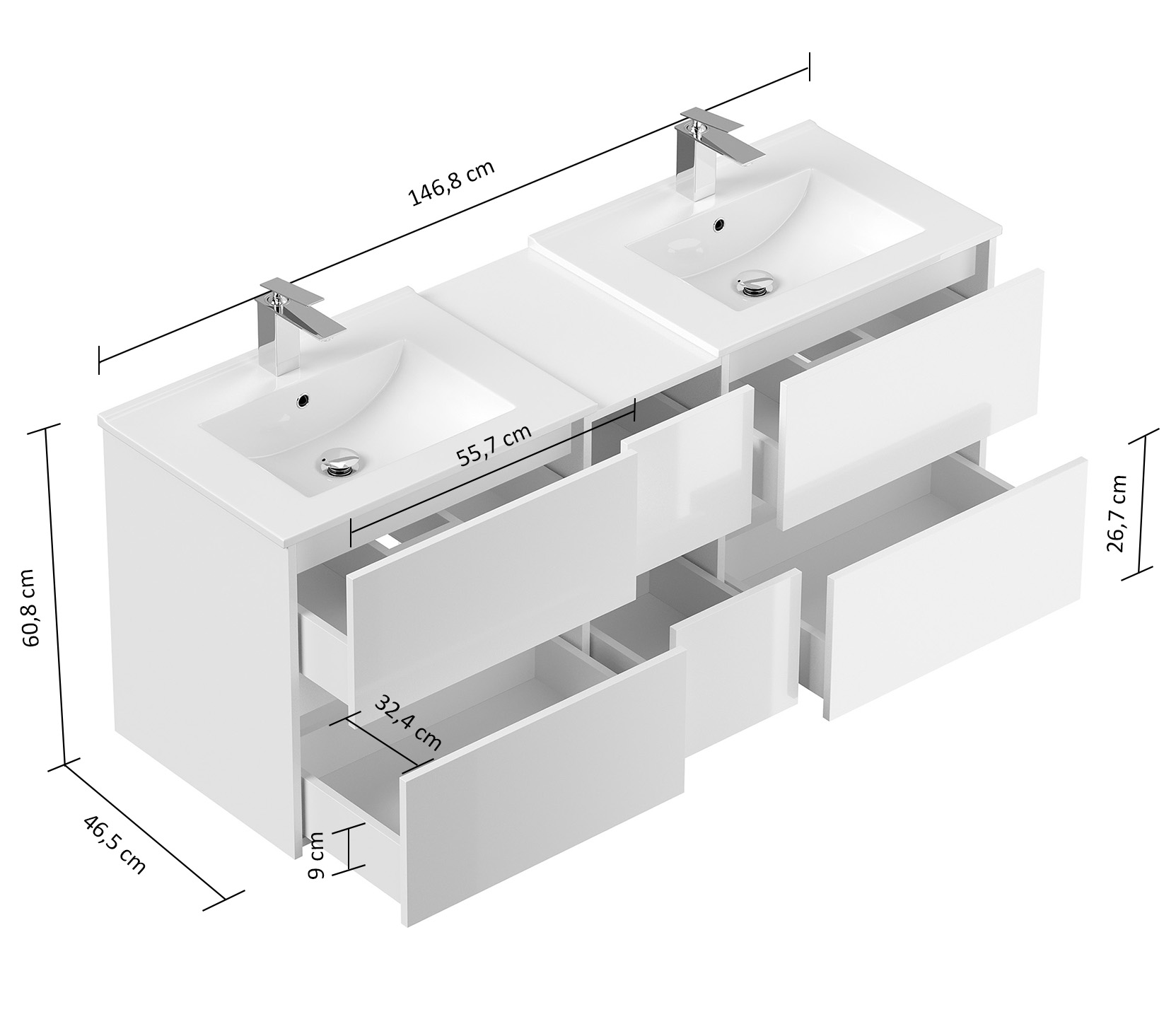 Badmöbelset Taifun 150cm 5tlg mit 2x Spiegelschrank & 2x Seitenschrank eiche
