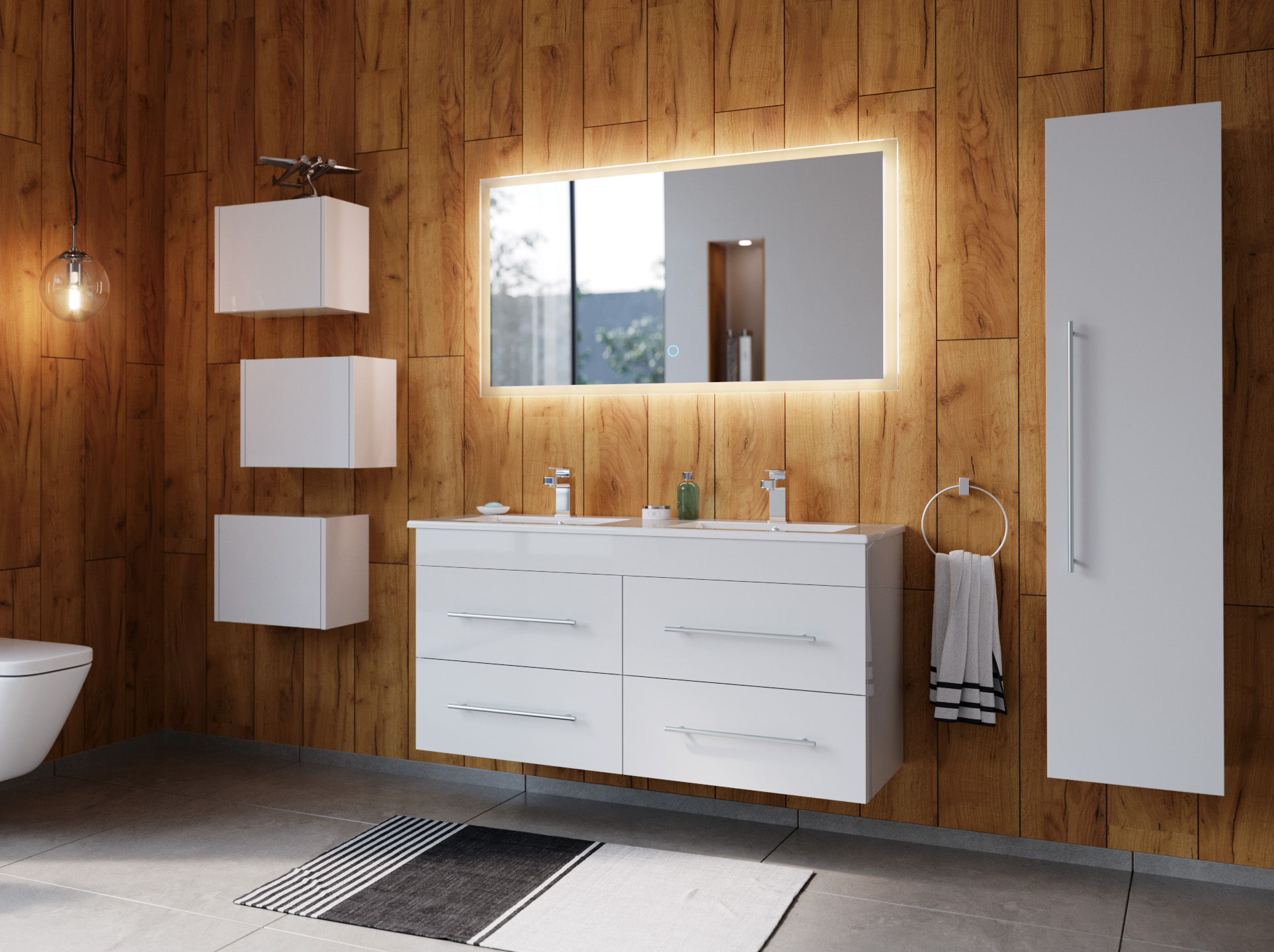 Badmöbelset Helios 4-teilig LED Spiegel Hochschrank 3er Boxen weiss hochglanz