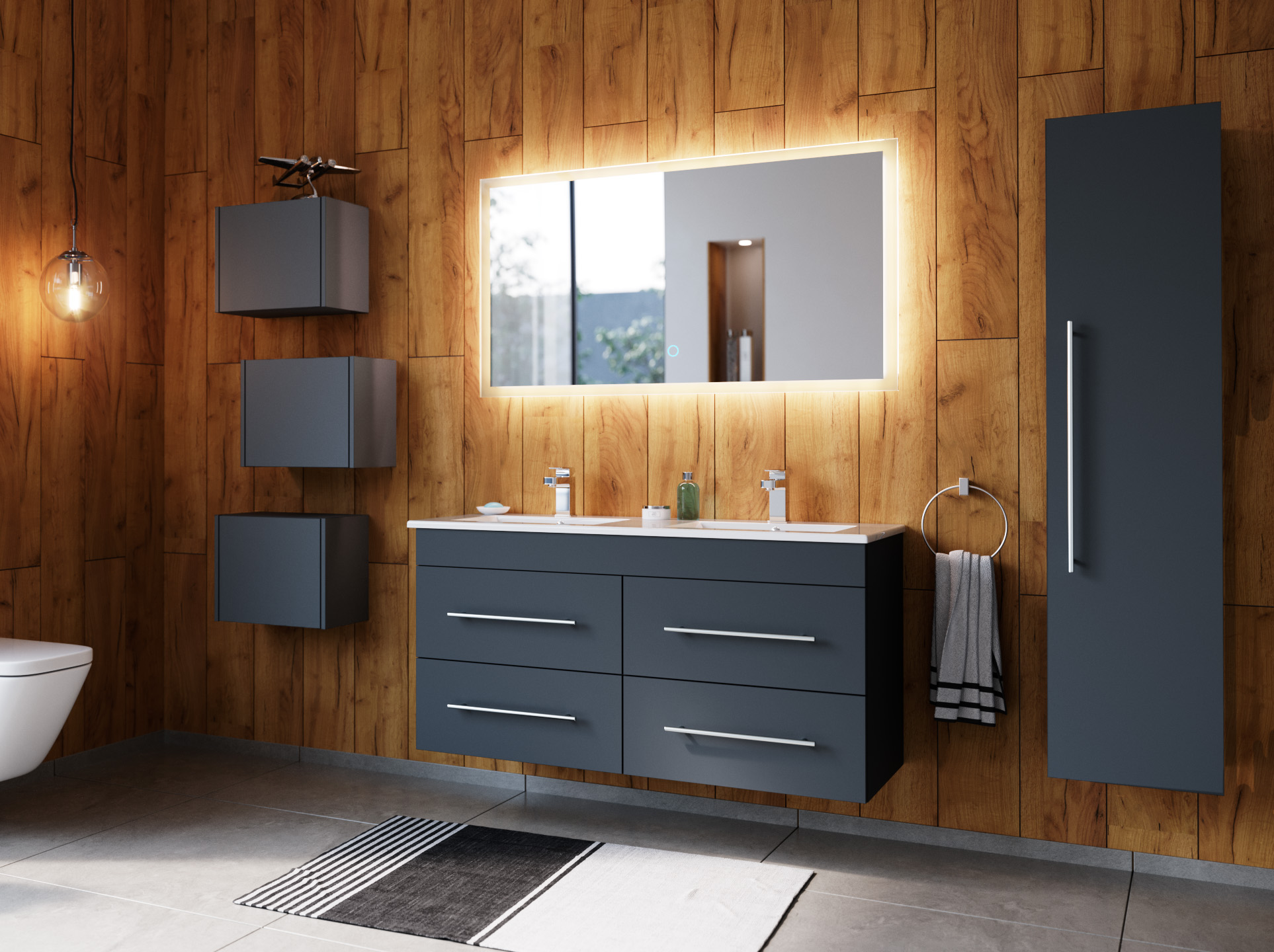 Badmöbelset Helios 4-teilig LED Spiegel Hochschrank 3er Boxen grafit