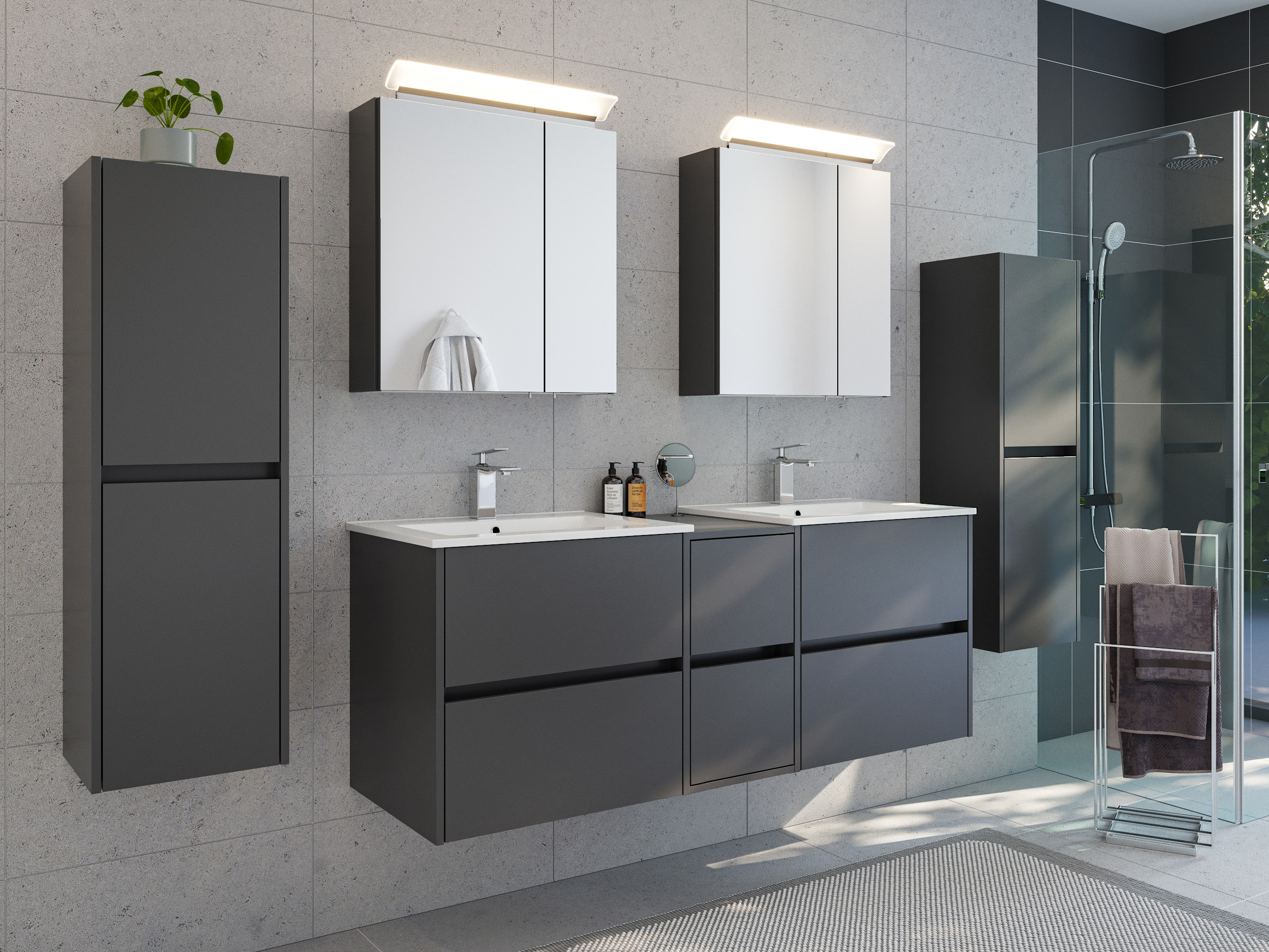 Badmöbelset Taifun 150cm 5tlg mit 2x Spiegelschrank & 2x Seitenschrank eiche