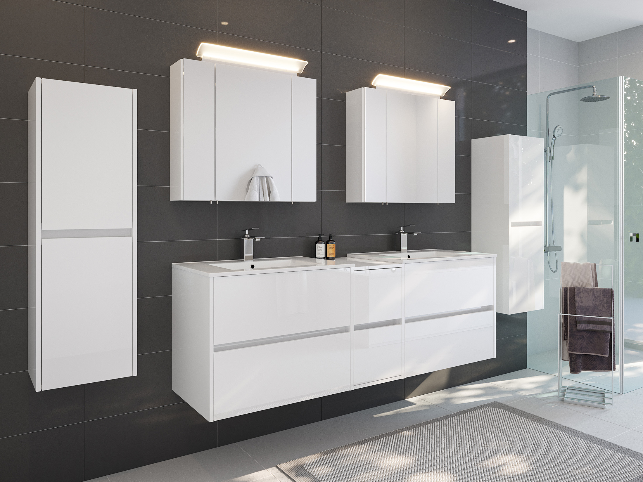 Badmöbelset Taifun 170cm 5tlg mit 2x Spiegelschrank & 2x Seitenschrank weiß Hgl