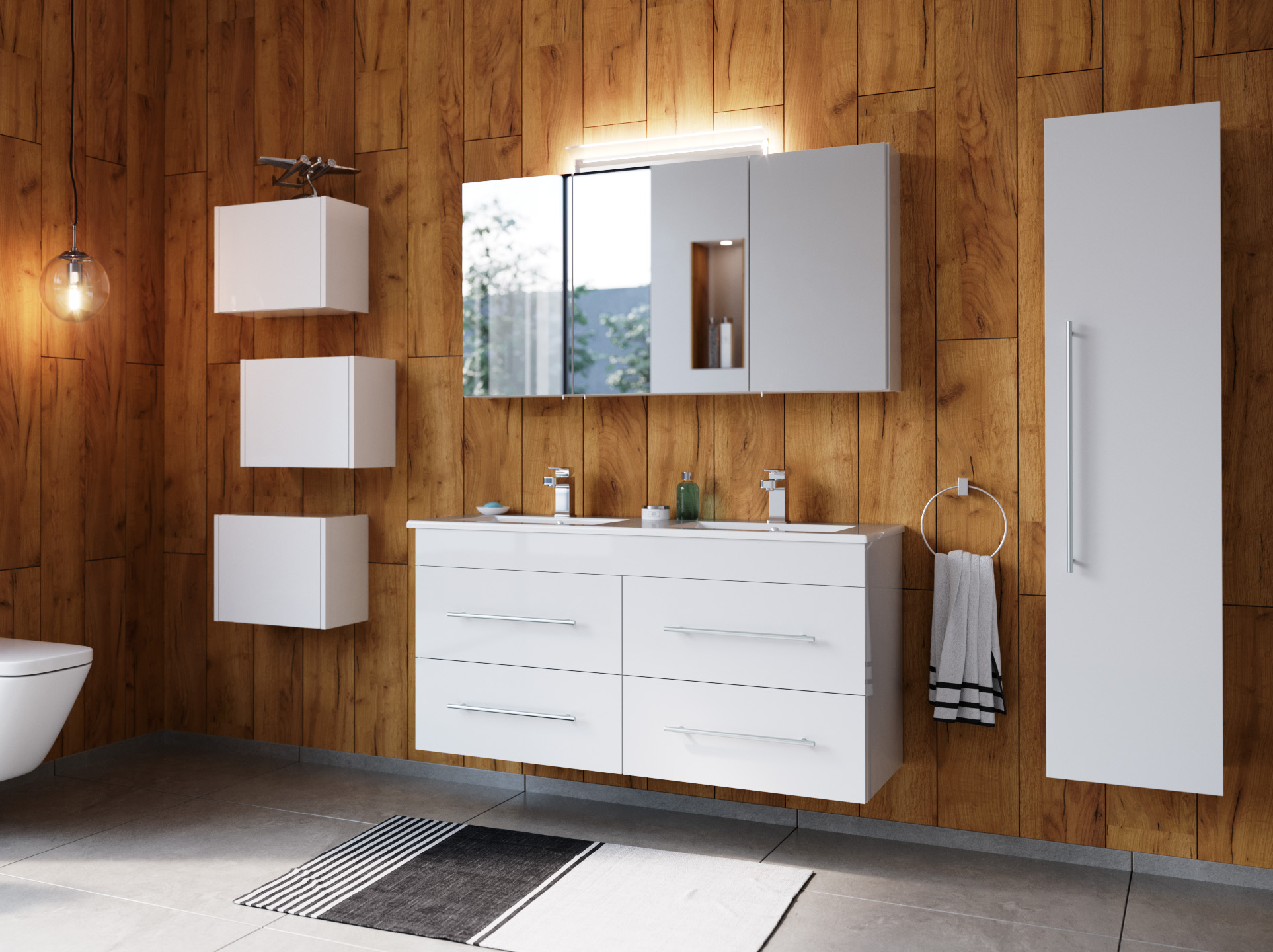 Badmöbelset Helios 4-teilig Spiegelschrank Hochschrank 3er Boxen weiss hochglanz
